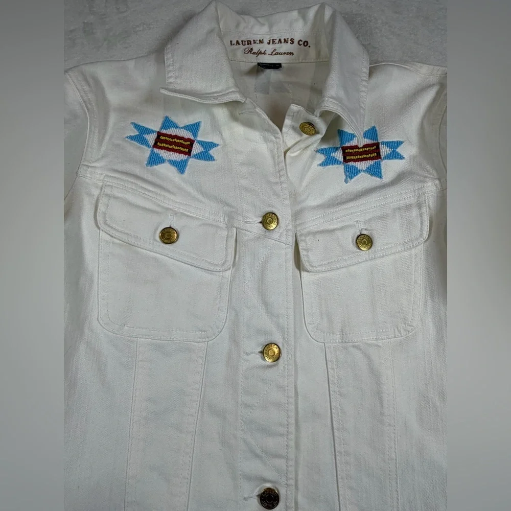 Women’s Polo Ralph Lauren White Jean Jacket Western Southwest Embroidered Bead - Picture 5 of 11